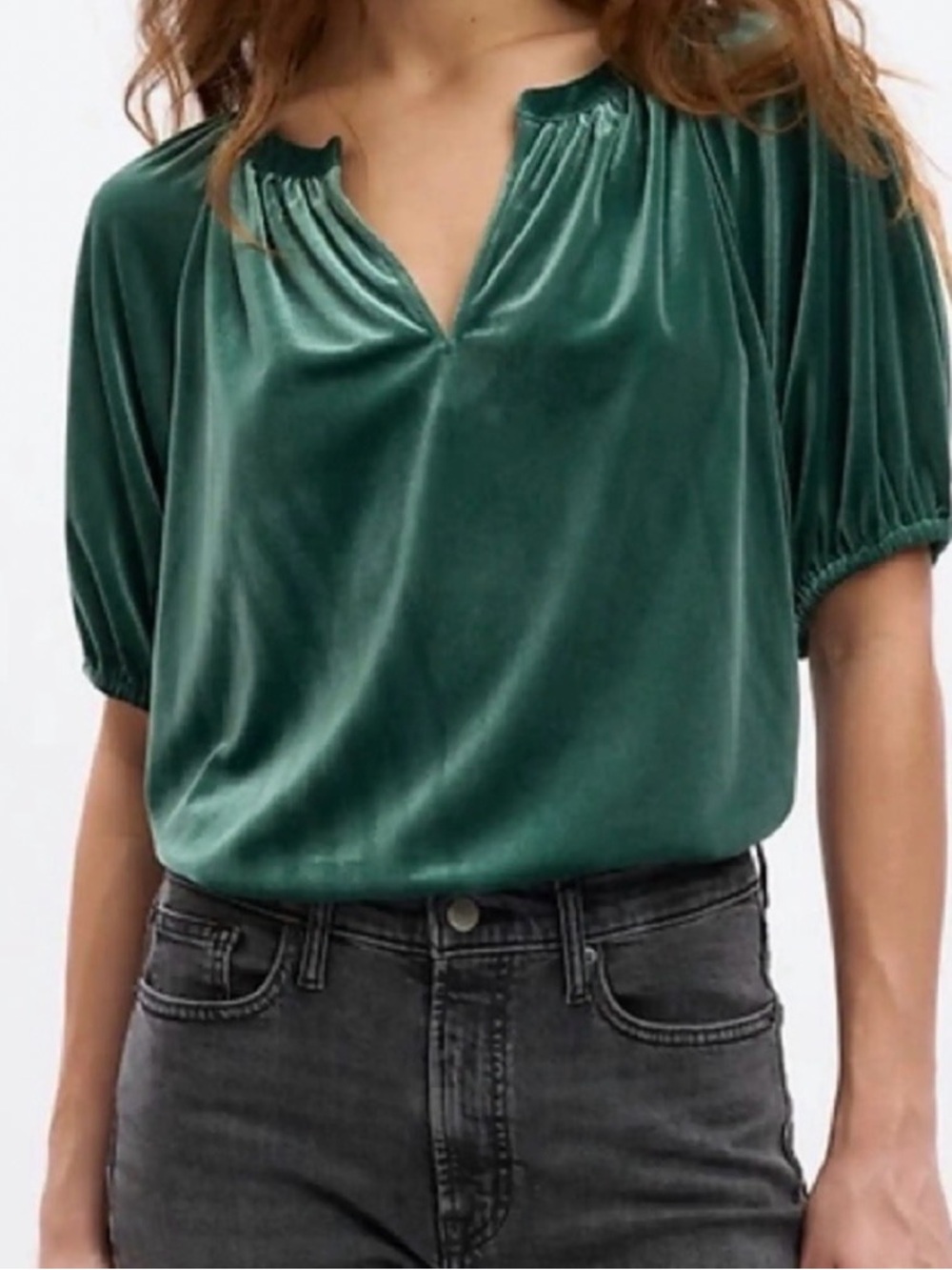 GAP Emerald Green Velvet Split-Neck Blouse